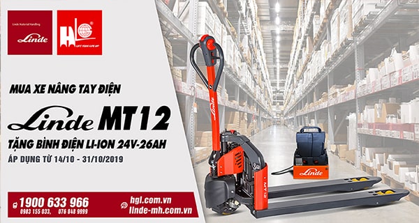 Mua xe nâng tay điện LINDE MT12 tặng bình điện Li-ion 24V-26Ah